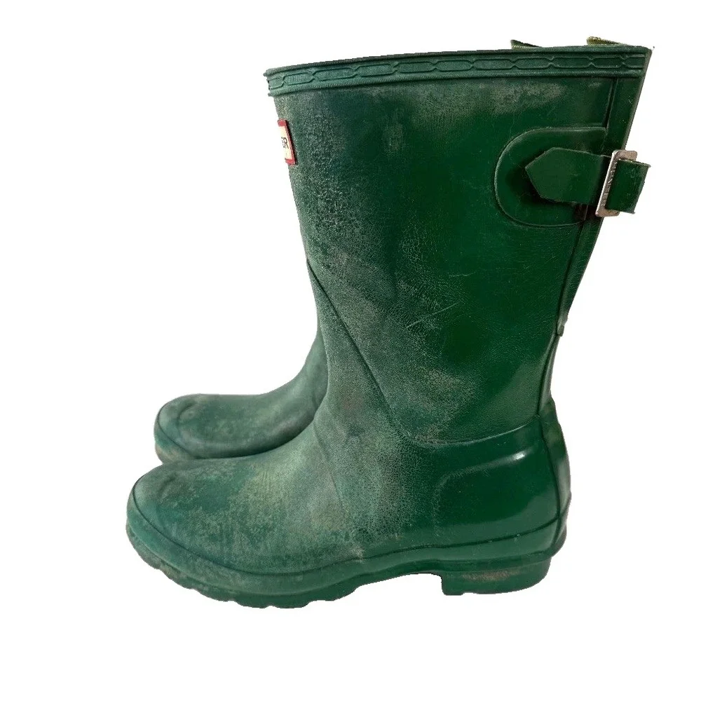 Hunter Womens Original Short Rain Boots 6 Green Adjust Back Waterproof Outdoor